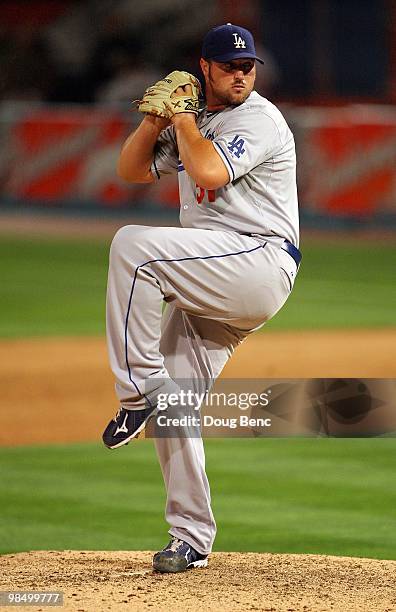 Relief pitcher Jonathan Broxton of the Los Angeles Dodgers pitches against the Florida Marlins during the Marlins home opening game at Sun Life...
