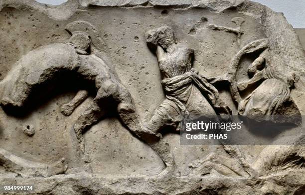Mausoleum of Halicarnassus. 4th century BC. Detail. Amazonomachy. Relief. Frieze running around the top of the podium. From Bodrum, Turkey.