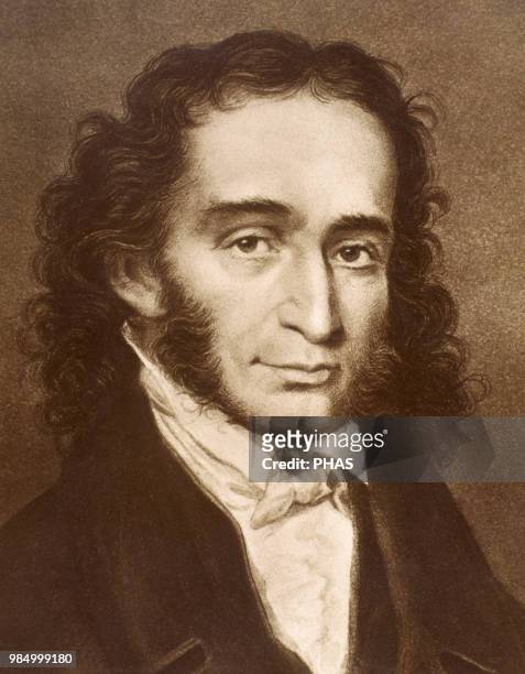 Niccolo Paganini . Italian violinist, violist, guitarist, and composer. Portrait. Engraving.
