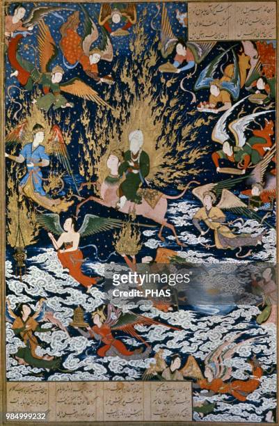 Illustration of the Mi'raj from the Khamseh, probably created by the court painter Sultan Muhammad. The ascent of Muhammad to heaven, 1539-1543....