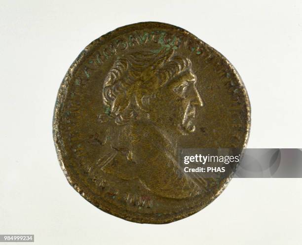 Sestertius. Bronze roman coin. Effigy of the Trajan emperor . C. 98-139 AD. Adverse. Spain. National Museum of Roman Art. Merida, Spain.