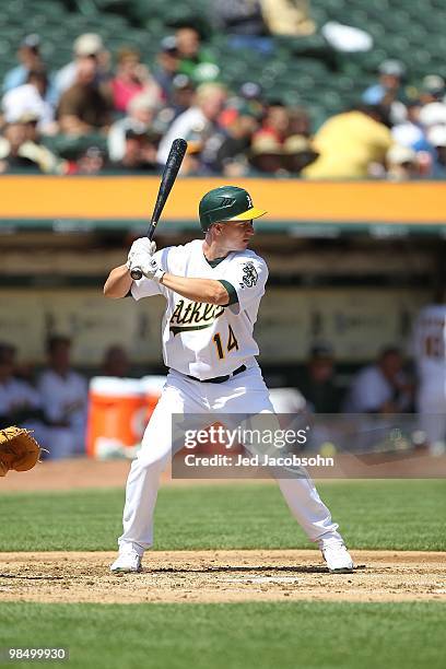 Mark Ellis of the Oakland Athletics bats against the Seattle Mariners during an MLB game at the Oakland-Alameda County Coliseum on April 8, 2010 in...