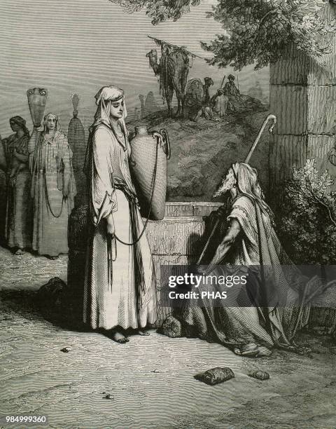 Old Testament. Book of Genesis. Rebecca and Eliezer at the well. Engraving by Gustave Dore .