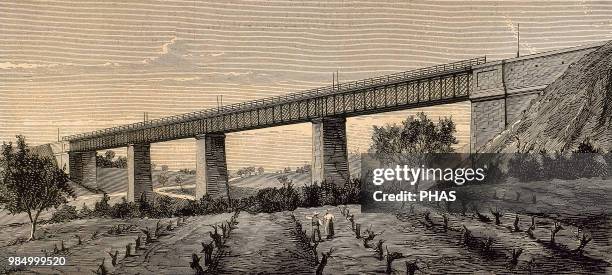 Spain. Catalonia. New iron bridge in the railroad from Granollers to San Juan de las Abadesas, built in the workshops of La Maquinista Terrestre y...