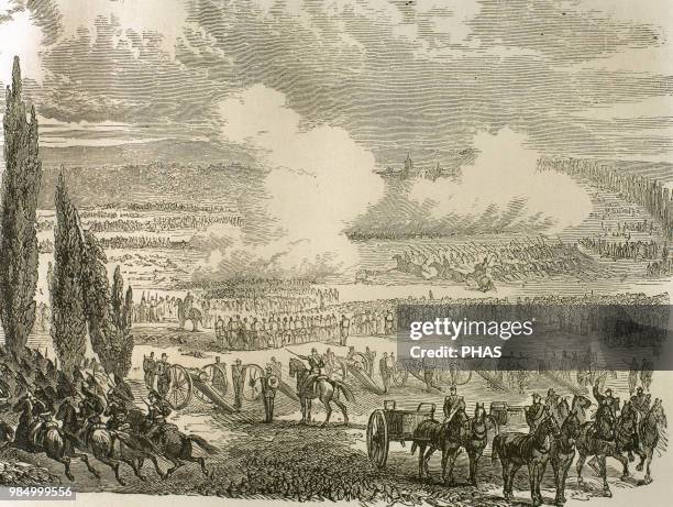 Franco-Prussian War . Battle of Worth, known as the Battle of Reichshoffen or the Battle of Froeschwiller, 6 August, 1870. Engraving. "Historia...