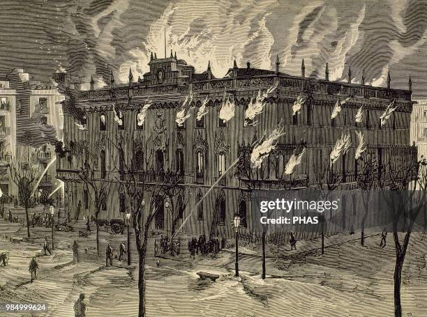 Spain, Catalonia, Barcelona. Palace of the Viceroy destroyed by a fire the night of the 25 to the 26 of December, 1875. Engraving by Rico. "La...