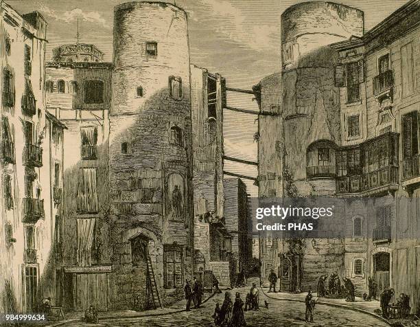 Spain, Catalonia, Barcelona. Two towers of the old Roman wall , in the Plaza Nueva . Engraving by Capuz. "La Ilustracion Espa–ola y Americana", 1872.