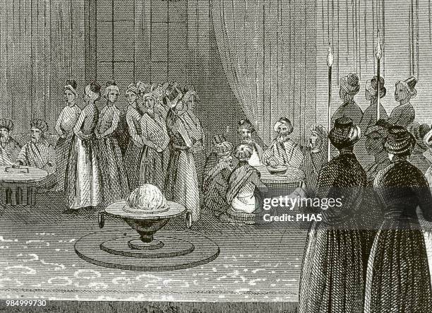 Ottoman Empire. Banquet held at the court of Topkapi Palace. Engraving. 19th century.