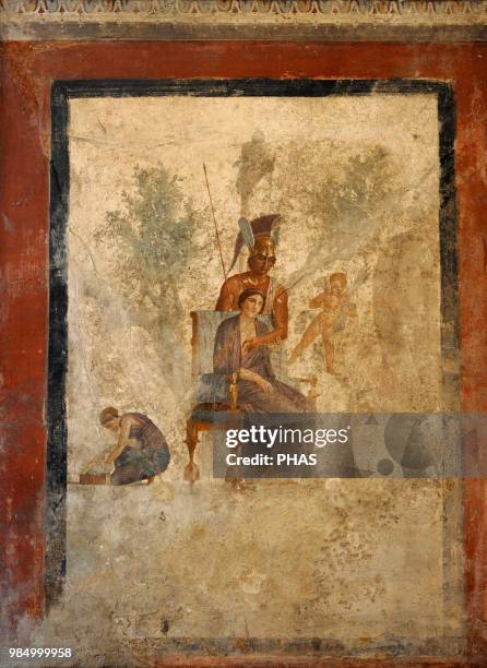 Roman fresco depicting a scene of seduction between Mars and Venus in the presence of a cupids and a maid. First imperial era. House of Love...