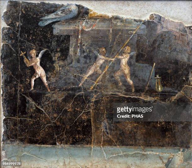 Roman fresco depicting cupids near an altar with doves, consecrated to Venus. Late Second Style. 1st century BC. From a villa in the area of the...