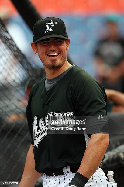 Third baseman Jorge Cantu of the Florida Marlins stands around during batting practice before taking on the Los Angeles Dodgers in the Marlins home...