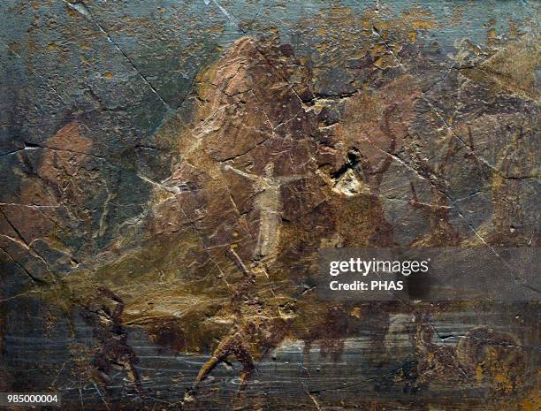 Roman fresco depicting a landscape with the myth of Perseus and Andromeda. 10-1 BC. From Pompeii. National Archaeological Museum, Naples, Italy.