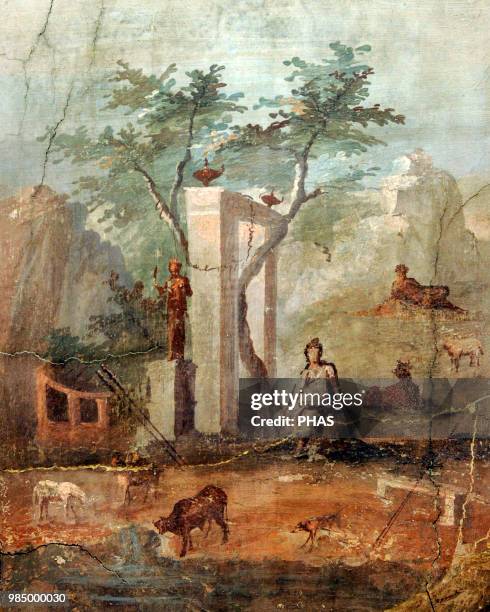 Roman fresco depicting a bucolic landscape with Paris the shepherd. 1-37 AD. From the Pompeii area. National Archaeological Museum, Naples, Italy.