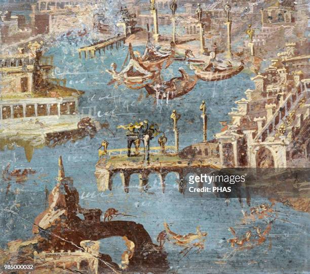 Roman fresco depicting a panorama of a port, usually identified with that of Pozzuoli. Second half of the 1st century AD. From Stabiae. National...