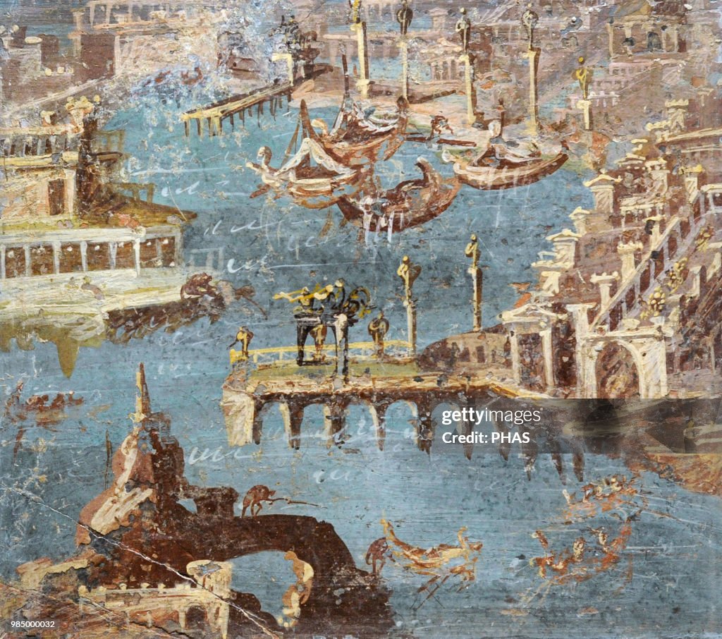 Panorama of a port, usually identified with that of Pozzuoli.