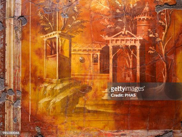 Roman fresco depicting a landscape with temple and sacred gate . Mid 1st century BC. From Villa of the Papyri, Herculaneum. National Archaeological...
