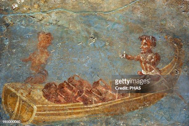 Roman fresco depicting a Nilotic scene with pygmies in a boat loaded with amphorae. Second half of the 1st century AD. House of Julia Felix II 3....
