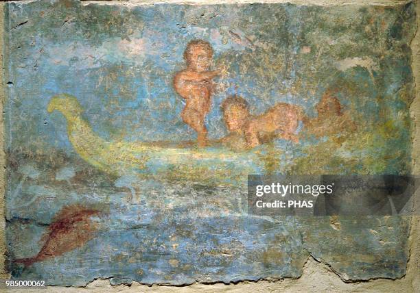 Roman fresco depicting a Nilotic scene with three pygmies in a papyrus boat among water lilies and large fish. Second half of the 1st century AD....