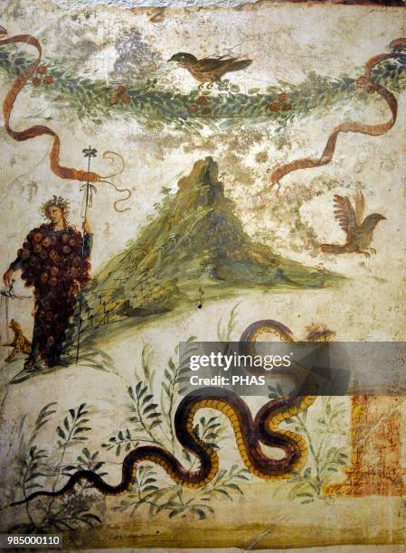 Roman fresco depicting God Dionysus with a bunch of grapes. In the background, Mount Vesuvius. 62-79 AD. House of the Centennial, Pompeii. National...