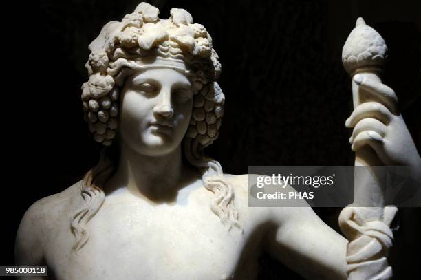 Statue of Dionysus, God of Wine, with crown of grape clusters. Detail. 1st century AD. Marble. National Archaeological Museum, Naples, Italy.