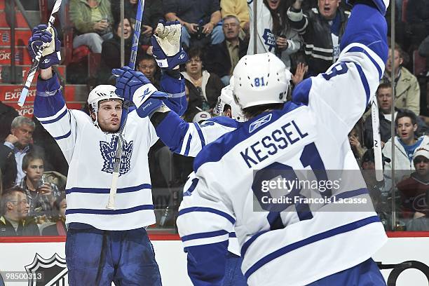 Viktor Stalberg of the Toronto Maple Leafs celebrates a goal with Phil Kessel during the NHL game against the Montreal Canadiens on April 10, 2010 at...
