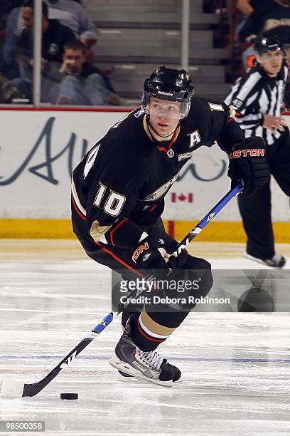 Corey Perry of the Anaheim Ducks defends the puck against the Edmonton Oilers during the game on April 11, 2010 at Honda Center in Anaheim,...