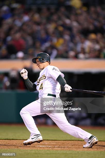 Mark Ellis of the Oakland Athletics hitting during the game against the Seattle Mariners at the Oakland Coliseum in Oakland, California on April 5,...