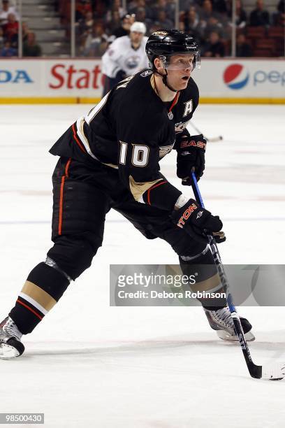 Corey Perry of the Anaheim Ducks handles the puck against the Edmonton Oilers during the game on April 11, 2010 at Honda Center in Anaheim,...