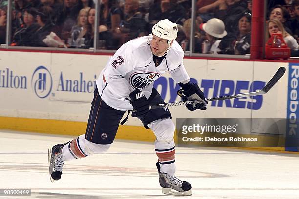 Aaron Johnson of the Edmonton Oilers skates on the ice against the Anaheim Ducks during the game on April 11, 2010 at Honda Center in Anaheim,...