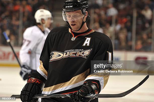Saku Koivu of the Anaheim Ducks skates on the ice against the Edmonton Oilers during the game on April 11, 2010 at Honda Center in Anaheim,...