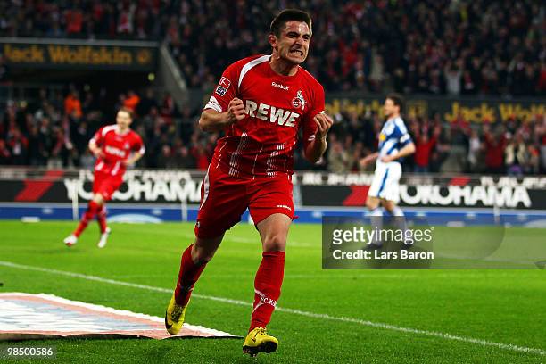 Zoran Tosic of Koeln celebrates scoring the first goal during the Bundesliga match between 1. FC Koeln and VfL Bochum at RheinEnergieStadion on April...