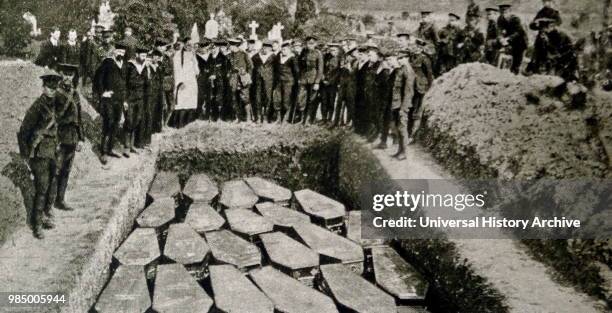 Photograph of the coffins of some of the victims of the sinking of the RMS Titanic a passenger liner that sank in the North Atlantic Ocean. Dated...