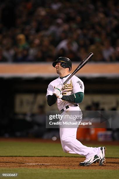 Kevin Kouzmanoff of the Oakland Athletics hitting during the game against the Seattle Mariners at the Oakland Coliseum in Oakland, California on...