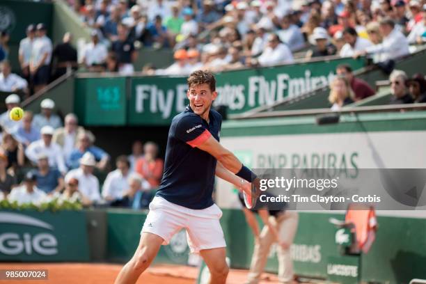 June 10. French Open Tennis Tournament - Day Fifteen. Dominic Thiem of Austria in action against Rafael Nadal of Spain on Court Philippe-Chatrier...