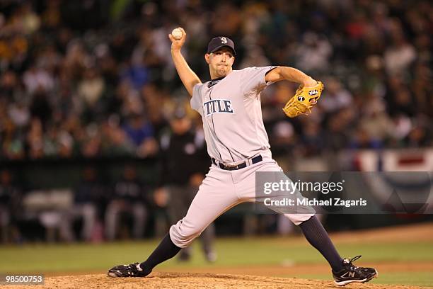 David Aardsma of the Seattle Mariners pitching during the game against the Oakland Athletics at the Oakland Coliseum in Oakland, California on April...