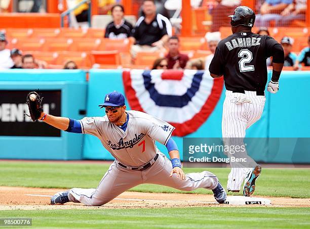 First baseman James Loney of the Los Angeles Dodgers scoops up a throw to force out shortstop Hanley Ramirez of the Florida Marlins at Sun Life...
