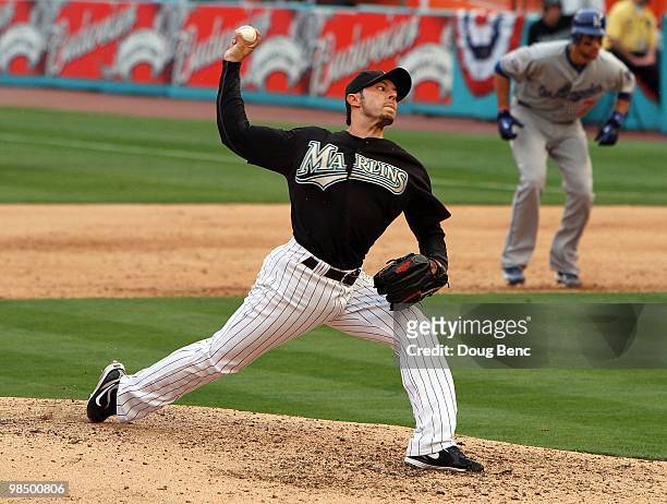 Relief pitcher Clay Hensley of the Florida Marlins pitches against the Los Angeles Dodgers at Sun Life Stadium on April 11, 2010 in Miami, Florida....