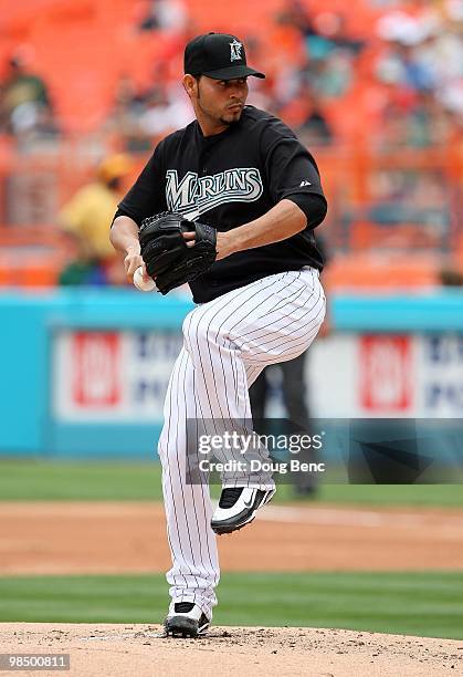 Starting pitcher Anibal Sanchez of the Florida Marlins pitches against the Los Angeles Dodgers at Sun Life Stadium on April 11, 2010 in Miami,...