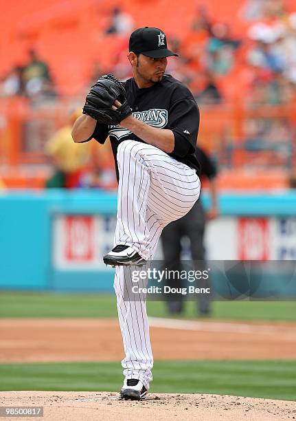 Starting pitcher Anibal Sanchez of the Florida Marlins pitches against the Los Angeles Dodgers at Sun Life Stadium on April 11, 2010 in Miami,...