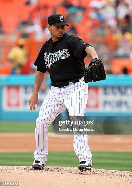 Starting pitcher Anibal Sanchez of the Florida Marlins pitches against the Los Angeles Dodgers at Sun Life Stadium on April 11, 2010 in Miami,...