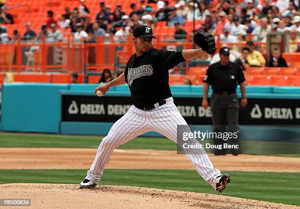 Starting pitcher Anibal Sanchez of the Florida Marlins pitches against the Los Angeles Dodgers at Sun Life Stadium on April 11, 2010 in Miami,...