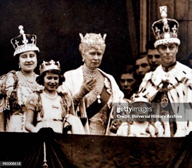 Photograph taken during the coronation of King George VI and Queen Elizabeth Queen Mother, pictured with their children and Queen Mary of Teck. Dated...