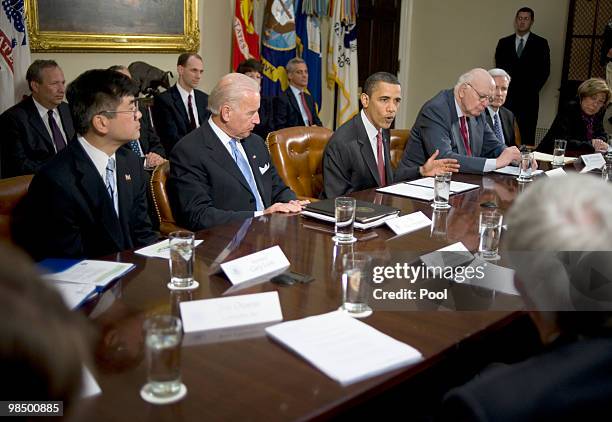 President Barack Obama speaks during a meeting of the Economic Recovery Advisory Board as Vice President Joe Biden , Secretary of Commerce Gary Locke...