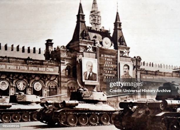 Photograph taken during Moscow's May Day Parade showing heavy tanks, representing their armed might. Dated 20th Century.