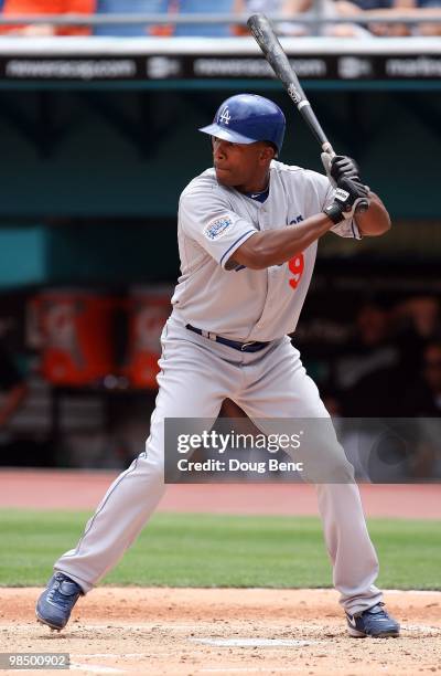 Garret Anderson of the Los Angeles Dodgers bats against the Florida Marlins at Sun Life Stadium on April 11, 2010 in Miami, Florida. The Marlins...
