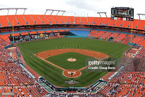 View from high in the stadium in the first inning as the Los Angeles Dodgers take on the Florida Marlins at Sun Life Stadium on April 11, 2010 in...