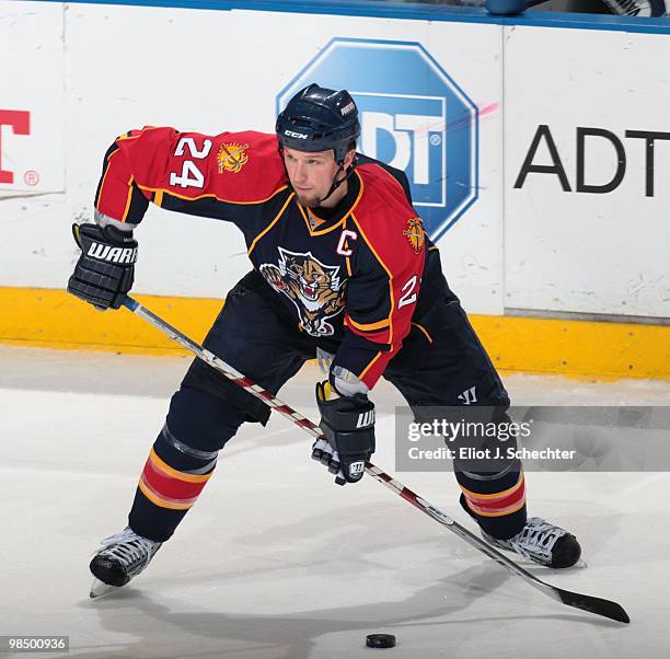 Bryan McCabe of the Florida Panthers passes the puck against the Tampa Bay Lightning at the BankAtlantic Center on April 11, 2010 in Sunrise, Florida.