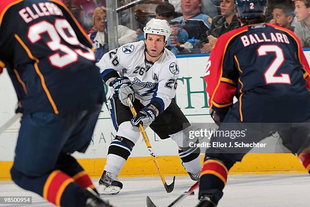 Martin St. Louis of the Tampa Bay Lightning skates on the ice against the Florida Panthers at the BankAtlantic Center on April 11, 2010 in Sunrise,...