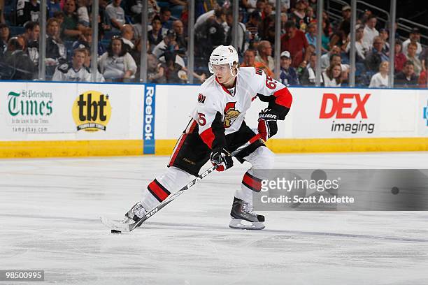 Erik Karlsson of the Ottawa Senators controls the puck against the Tampa Bay Lightning at the St. Pete Times Forum on April 8, 2010 in Tampa, Florida.