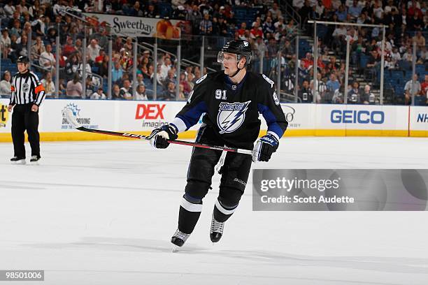 Steven Stamkos of the Tampa Bay Lightning skates against the Ottawa Senators at the St. Pete Times Forum on April 8, 2010 in Tampa, Florida.